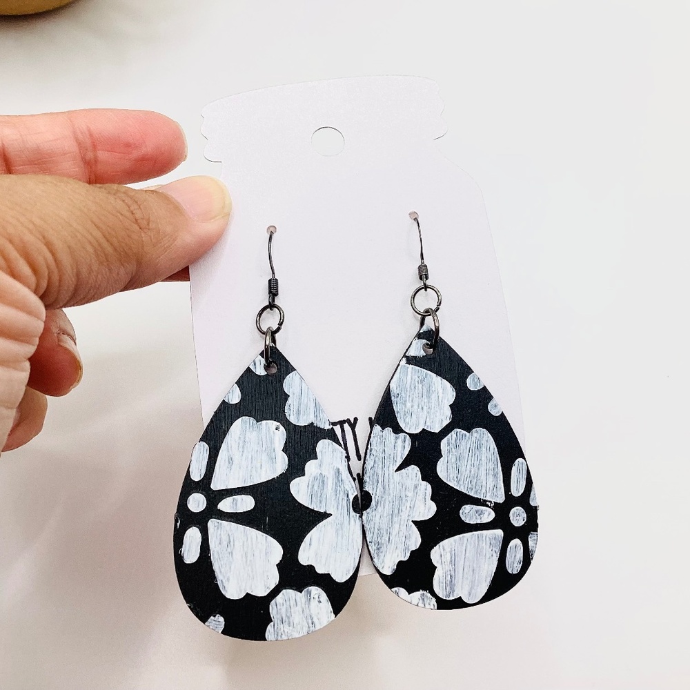 Hand-painted Black and White Floral Dangles
